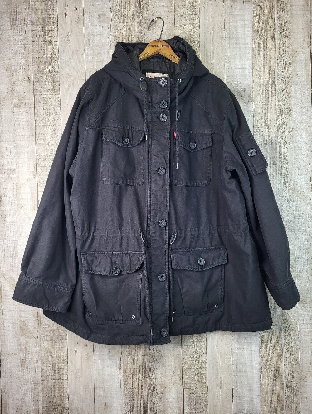 Levis Black Hooded Utility Jacket. With Drawstring. Ladies Soze 3XL